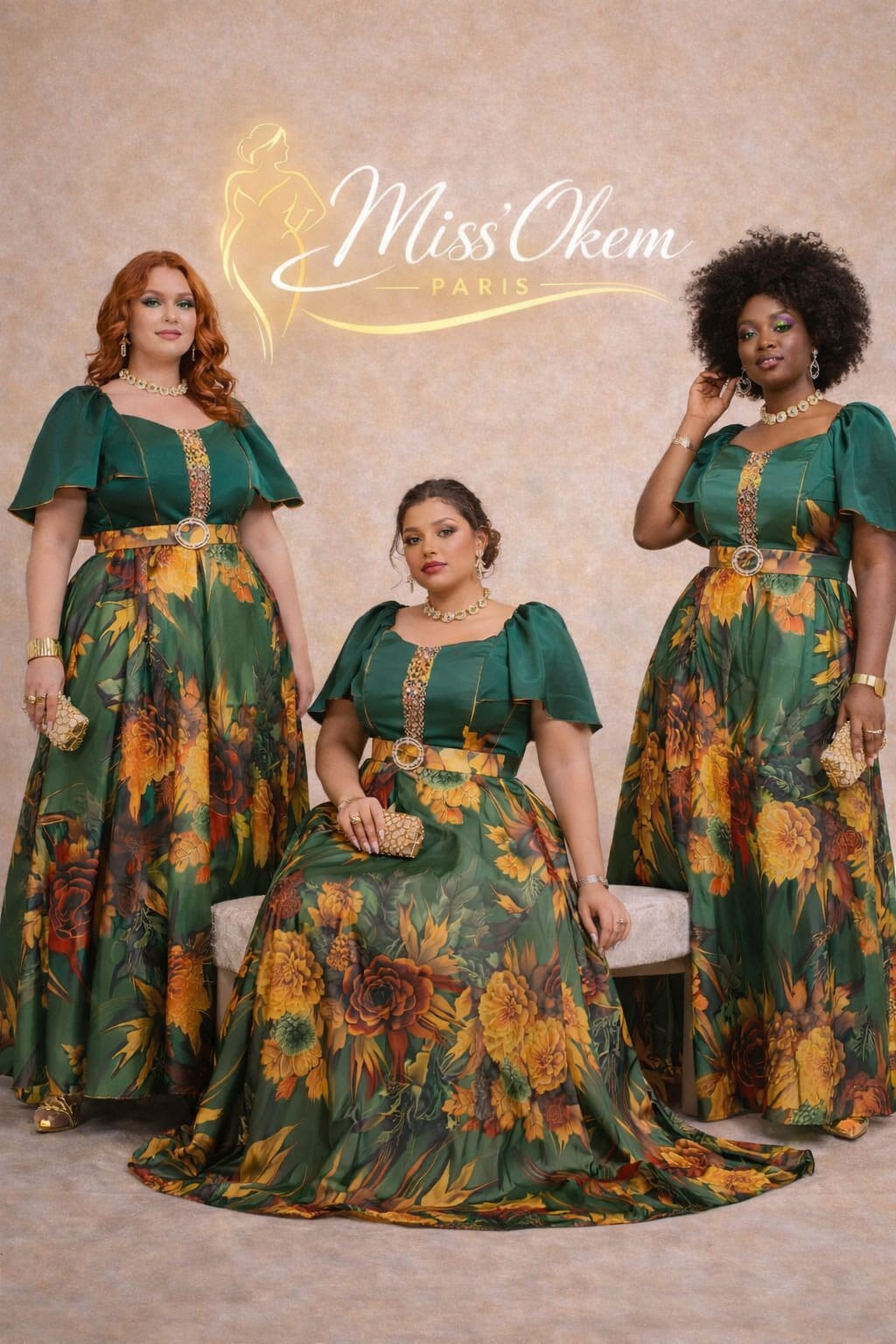 ROBE FLORALE PRESTIGE-SATIN-VERT