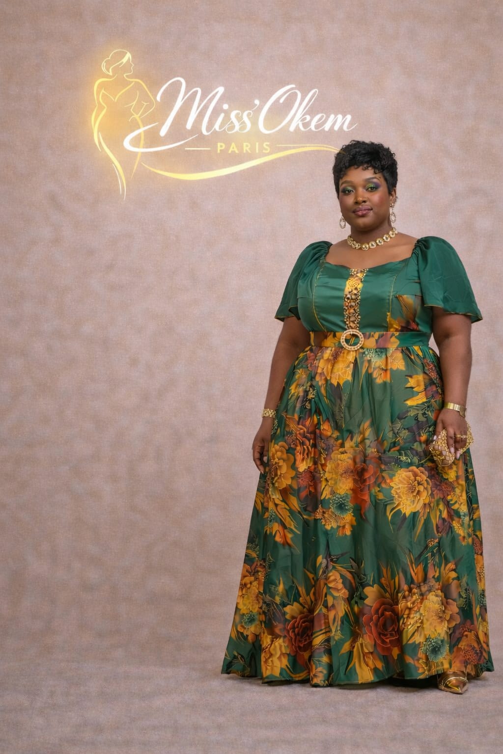 ROBE FLORALE PRESTIGE-SATIN-VERT