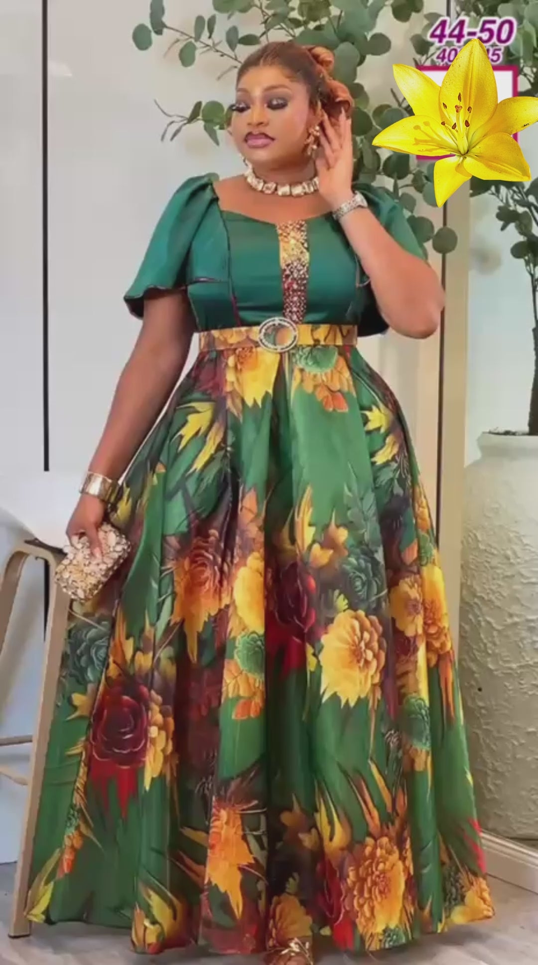 ROBE FLORALE PRESTIGE-SATIN-VERT